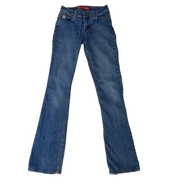 GUESS Vintage jeans with white triangle patch mid rise boot cut SZ 26"x29 - Picture 1 of 9